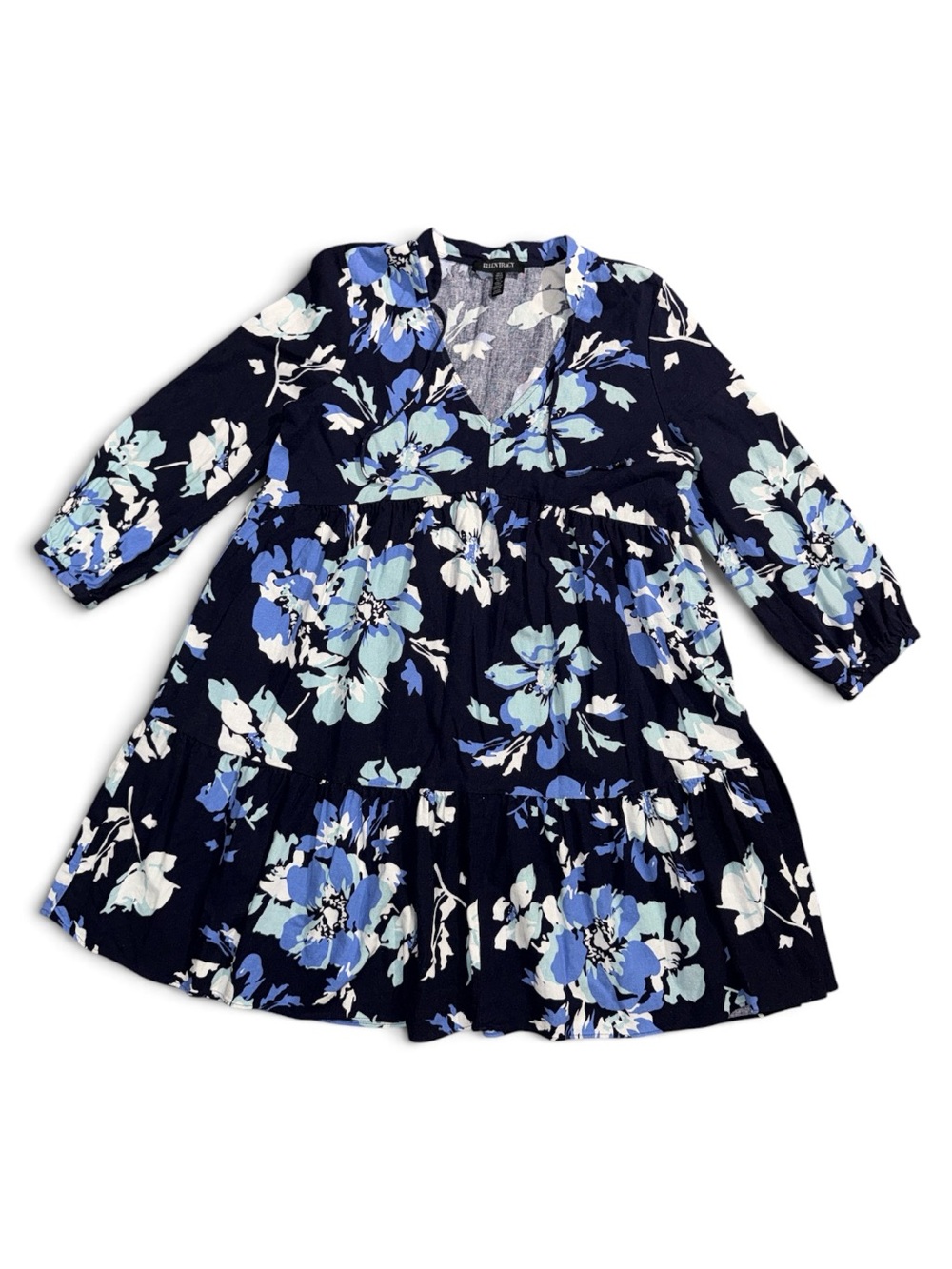 Ellen Tracy Small Linen Blend Navy Blue Floral Tiered Cottages Long Sleeve Dress